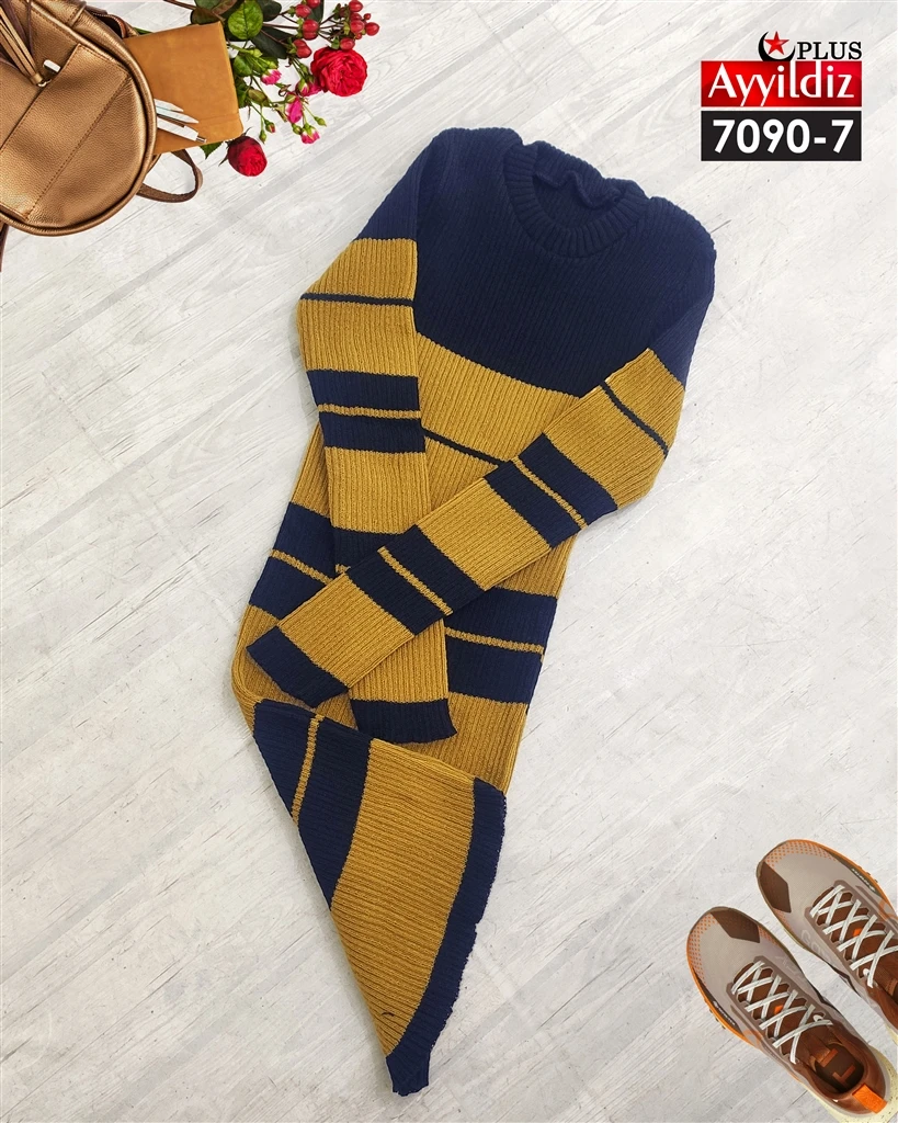 پیراهن بافت بلند زنانه سایز بزرگ یقه گرد کد 7090