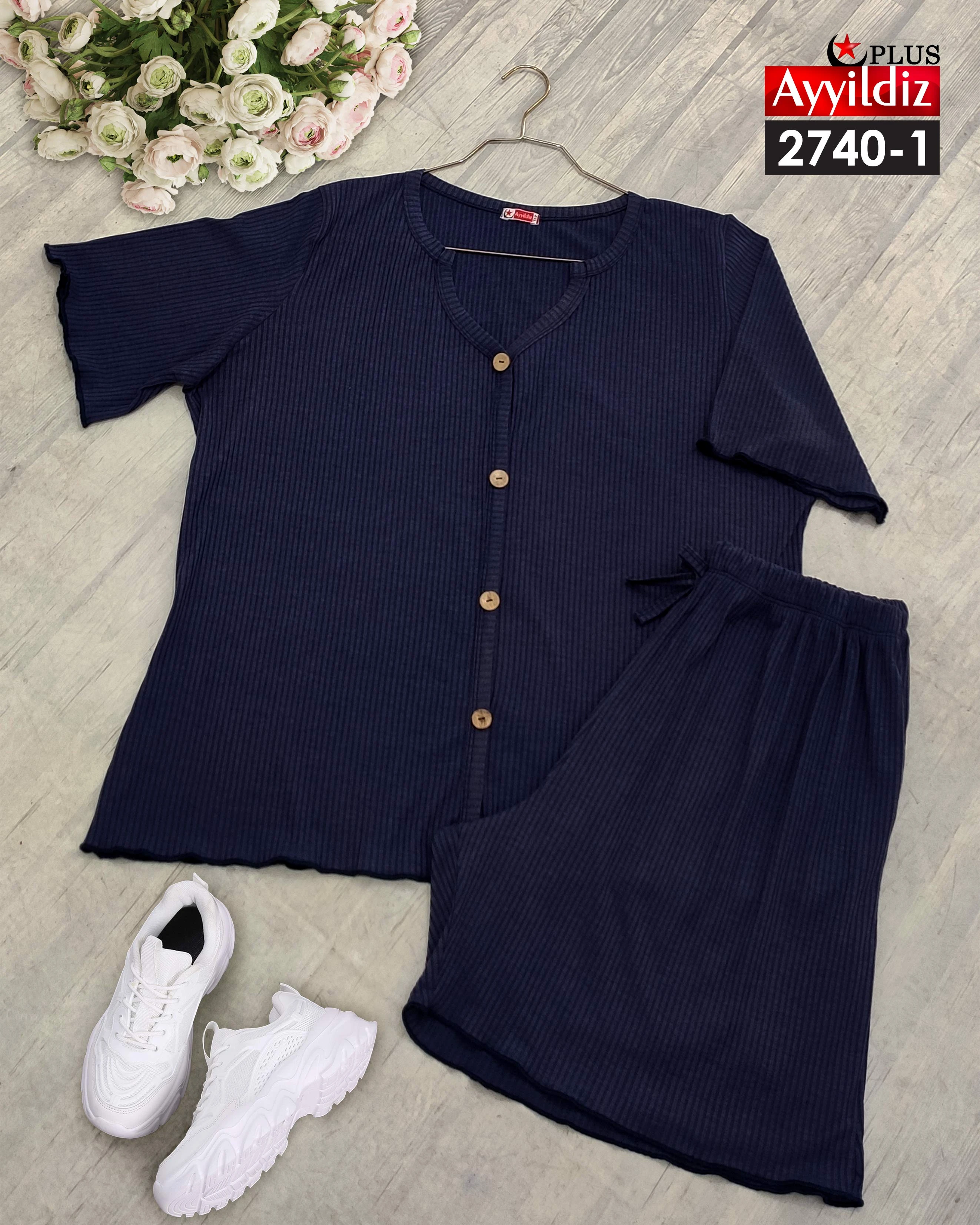 ست تاپ شلوارک سایز بزرگ نخ ویسکوز کرکره‌ای کد 2740