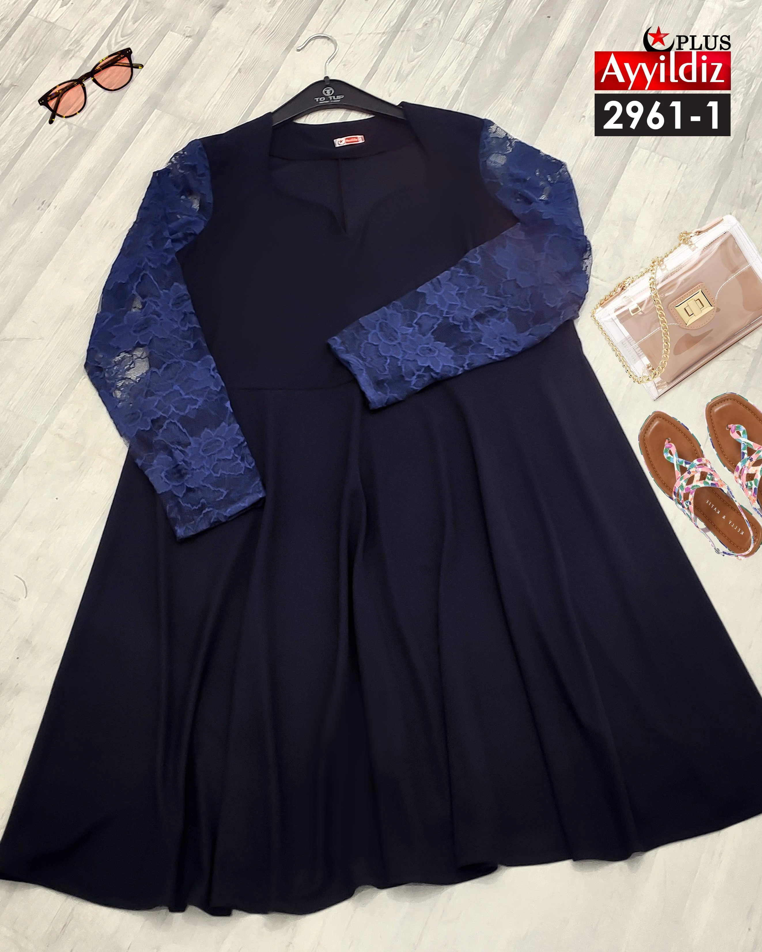 پیراهن مجلسی سایز بزرگ زنانه کرپ کش و گیپور کد 2961