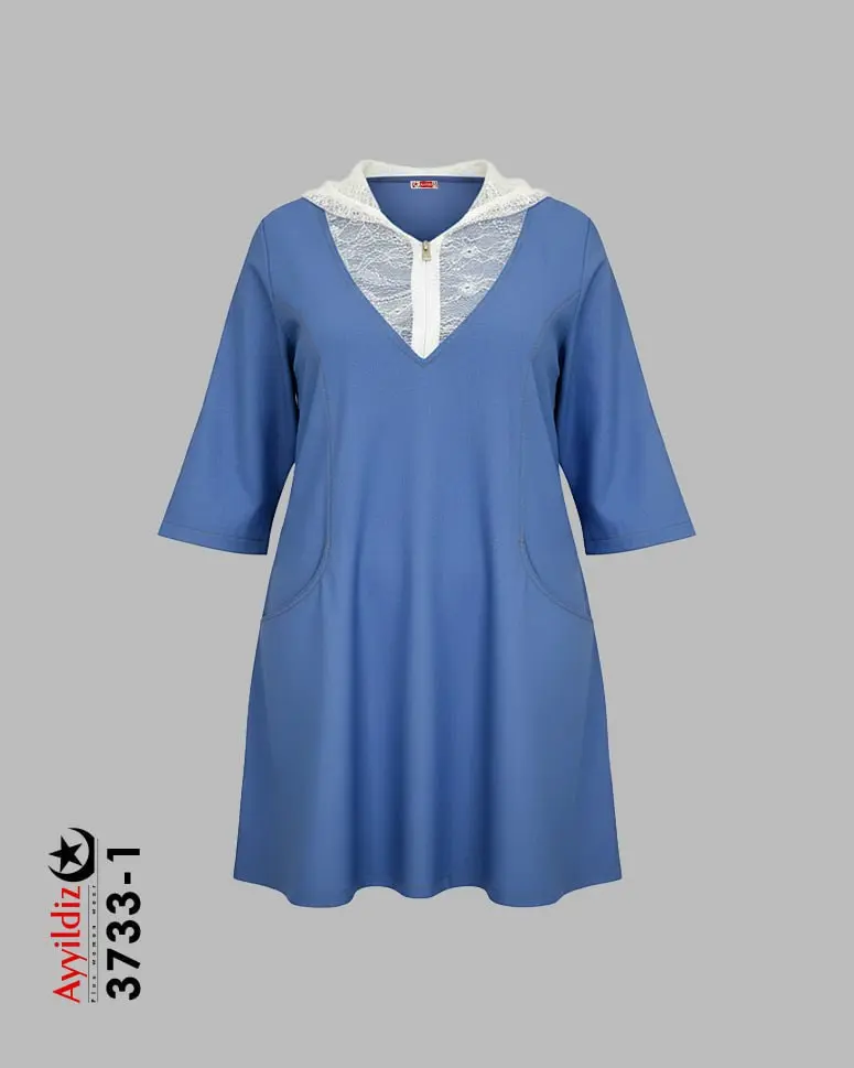 تونیک راحتی کلاه گیپور سایز بزرگ زنانه کد 3733 آبی