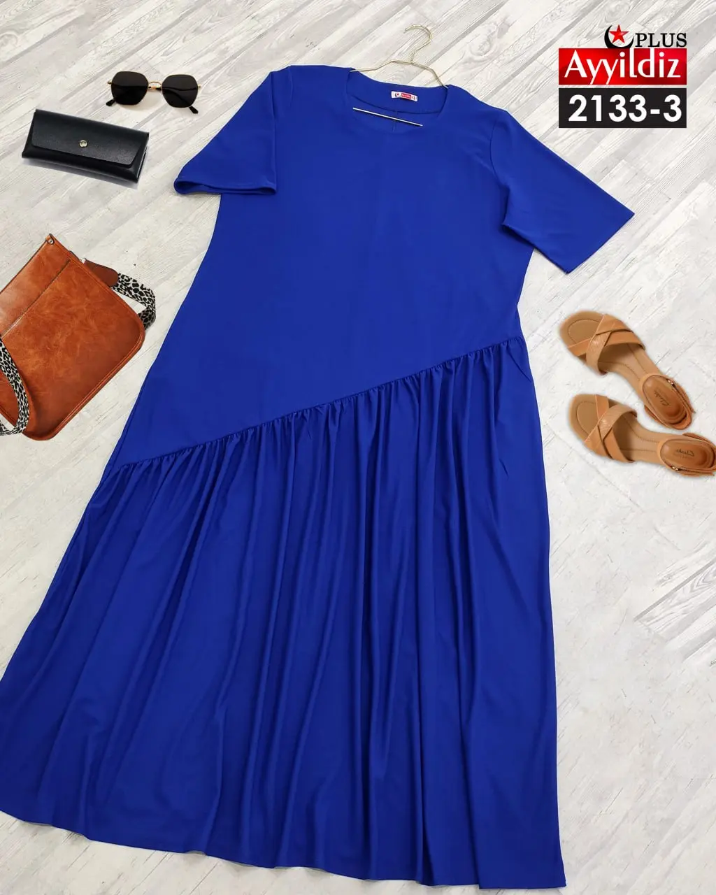 پیراهن زنانه سایز بزرگ کلوش کج   کد 2133 کاربنی