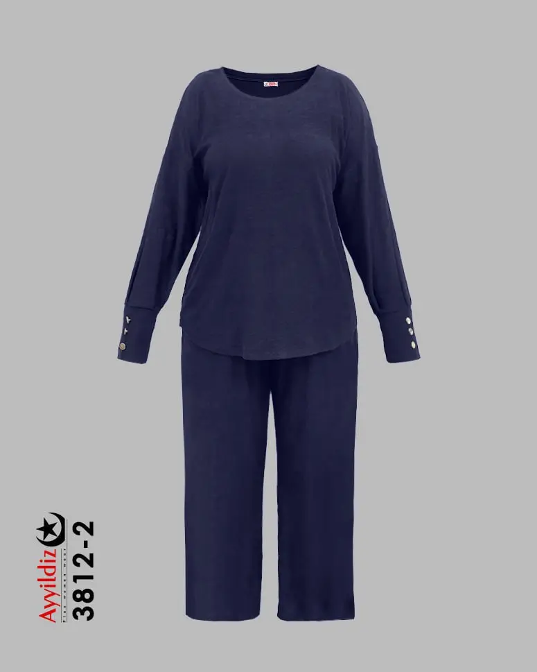 ست بلوز و شلوار زنانه راحتی سایز بزرگ کد 3812 سرمه‌ای