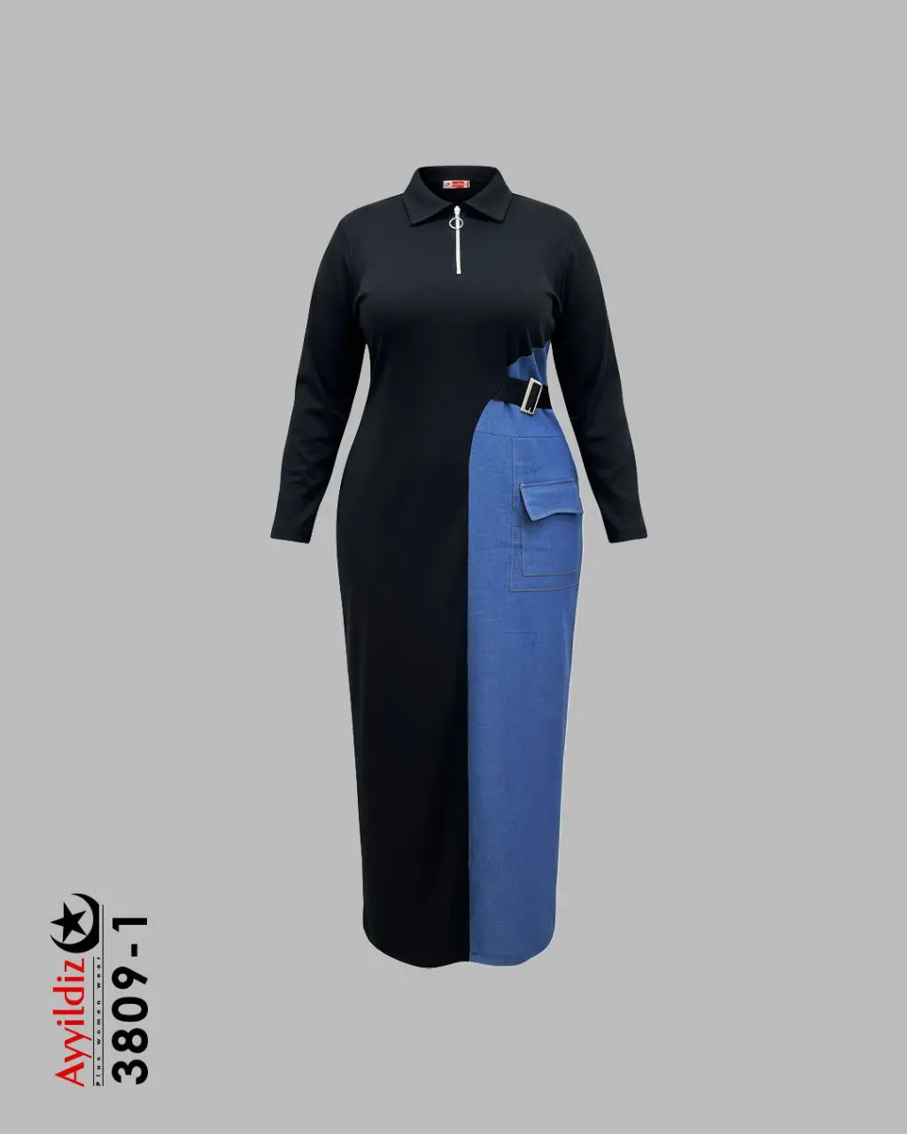 پیراهن زنانه سایز بزرگ ترکیبی کد 3809 مشکی