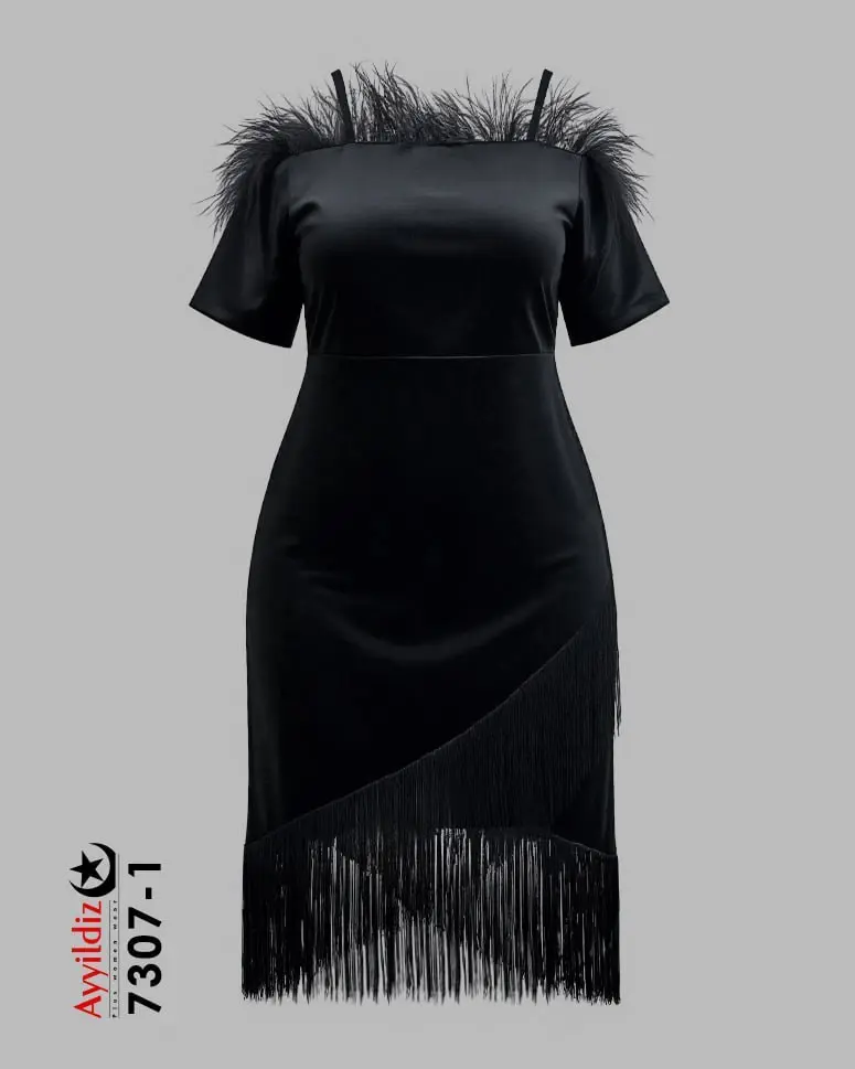 پیراهن مجلسی ریشه ای سایز بزرگ زنانه سری Aylux کد 7307 مشکی