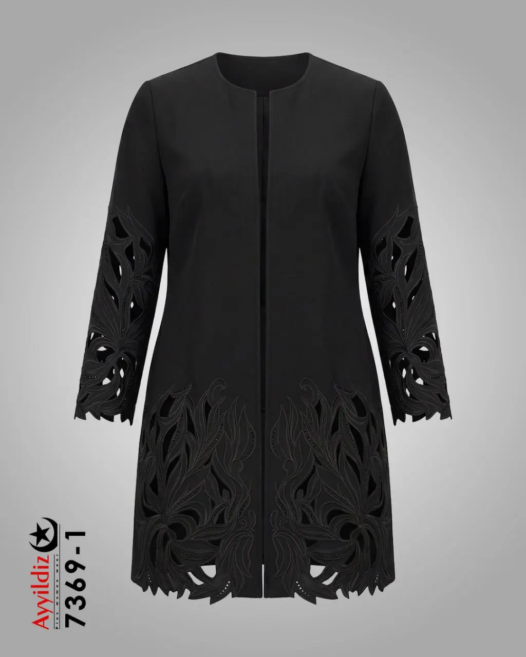 مانتو مجلسی گلدوزی و سنگ دوزی سایز بزرگ زنانه آییلدیز سری Aylux کد 7369 مشکی