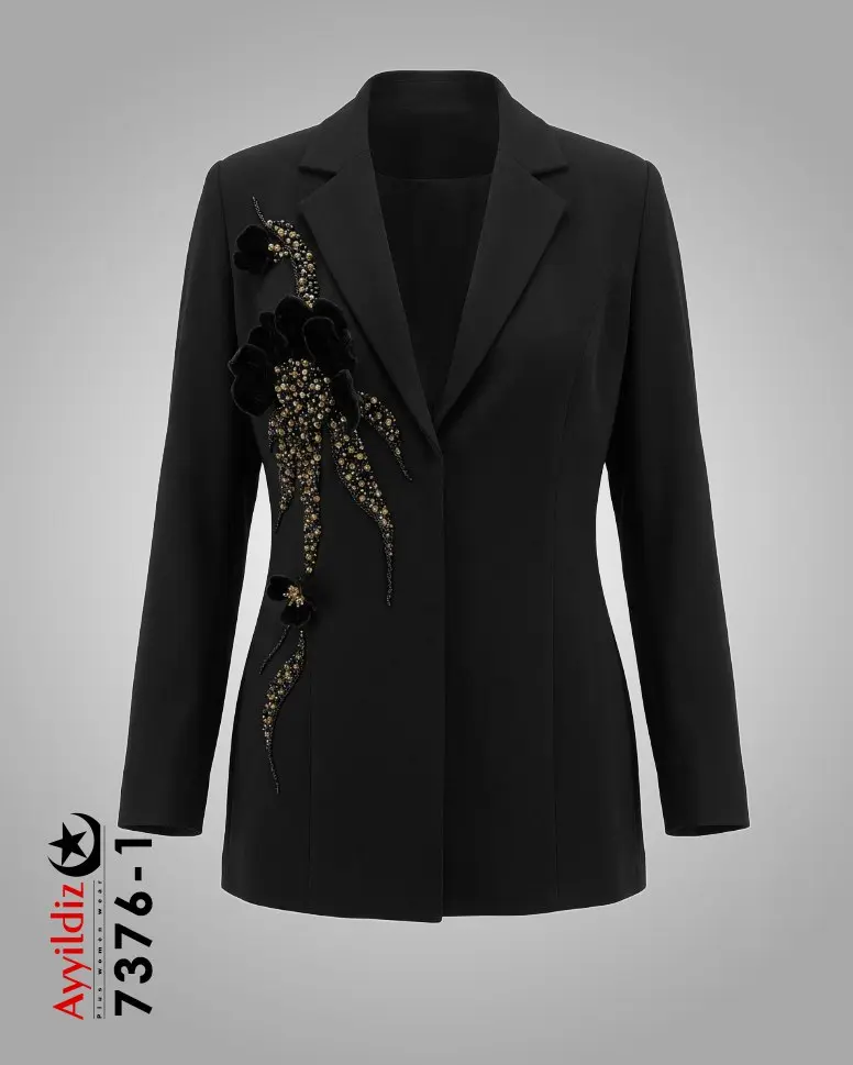 کت مجلسی گلدوزی سایز بزرگ زنانه آییلدیز سری Aylux کد 7376 مشکی