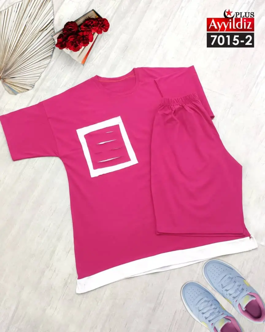 ست تیشرت شلوارک سایز بزرگ زنانه کد 7015 صورتی