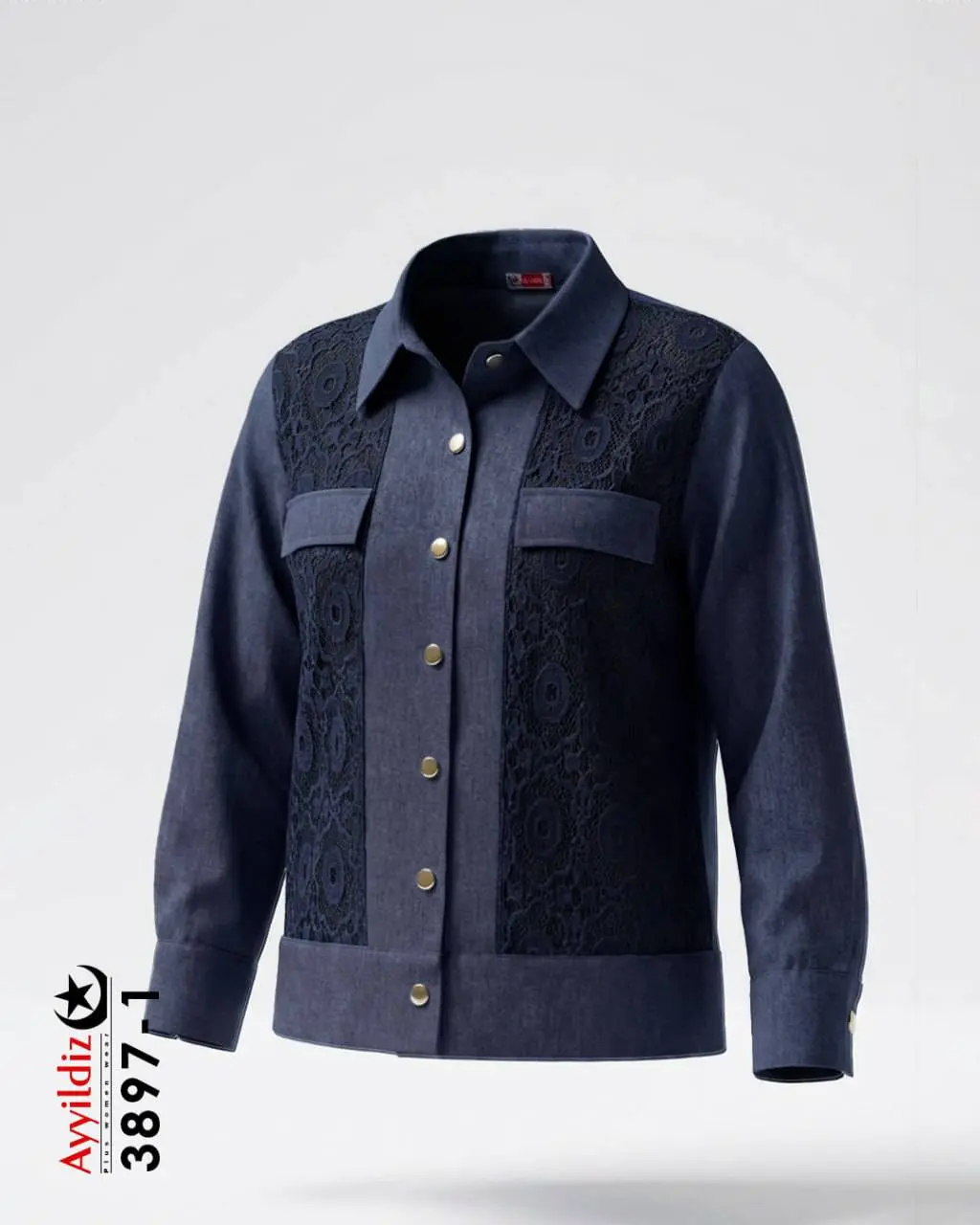 شومیز جلو دکمه مجلسی پیش گیپور سایز بزرگ زنانه کد 3897 تصویر کاتالوگ