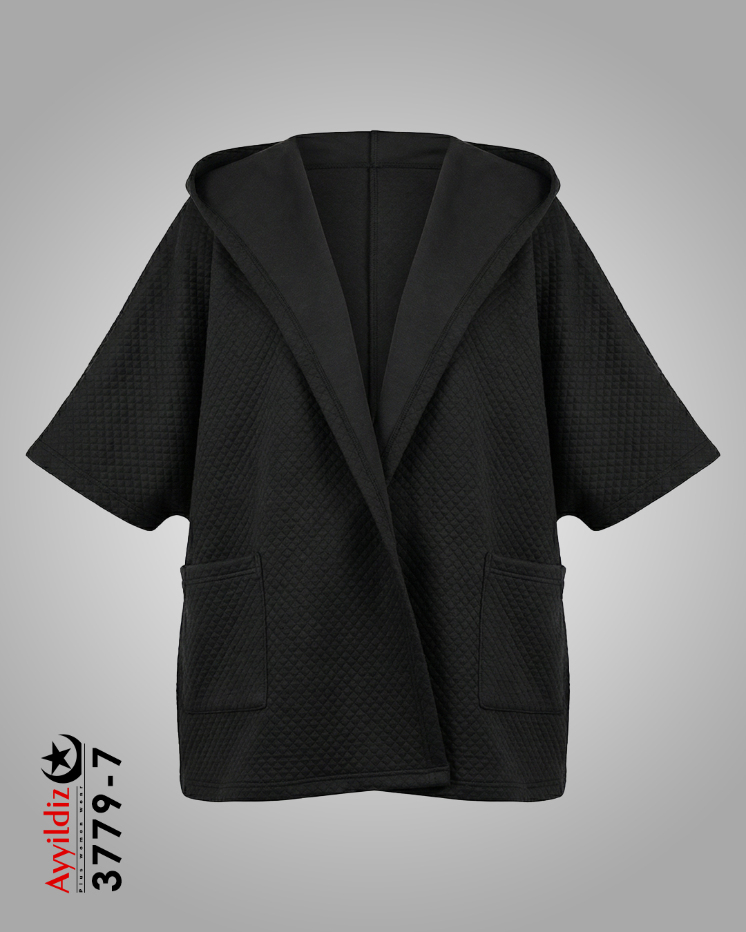 مانتو کلاهدار سایز بزرگ  آستین سه ربع کد 3779 مشکی