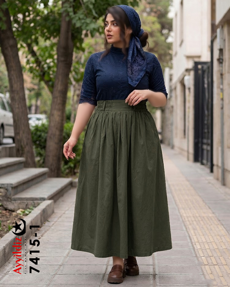 دامن لینن کمر پهن سایز بزرگ زنانه کد 7415