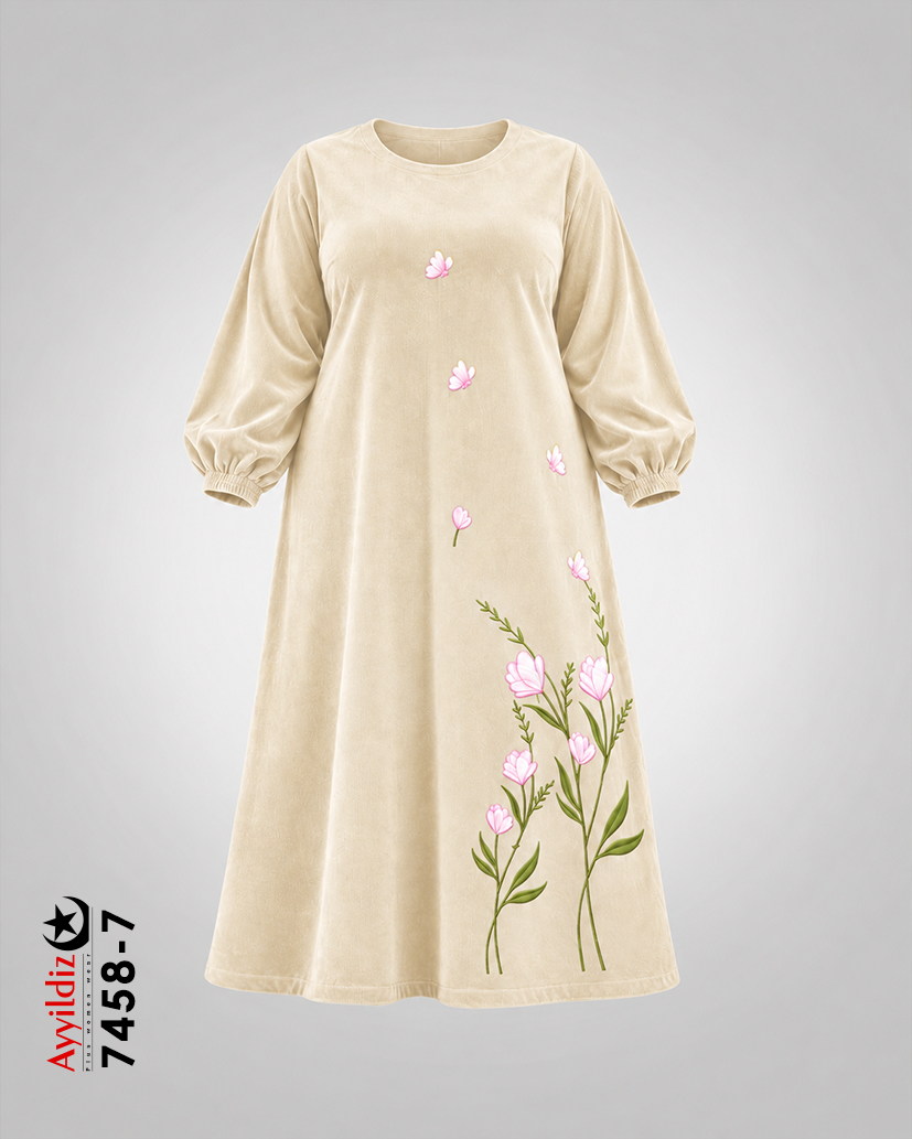 پیراهن کفتان مخمل کبریتی سایز بزرگ زنانه کد ۷۴۵۸ کرمی