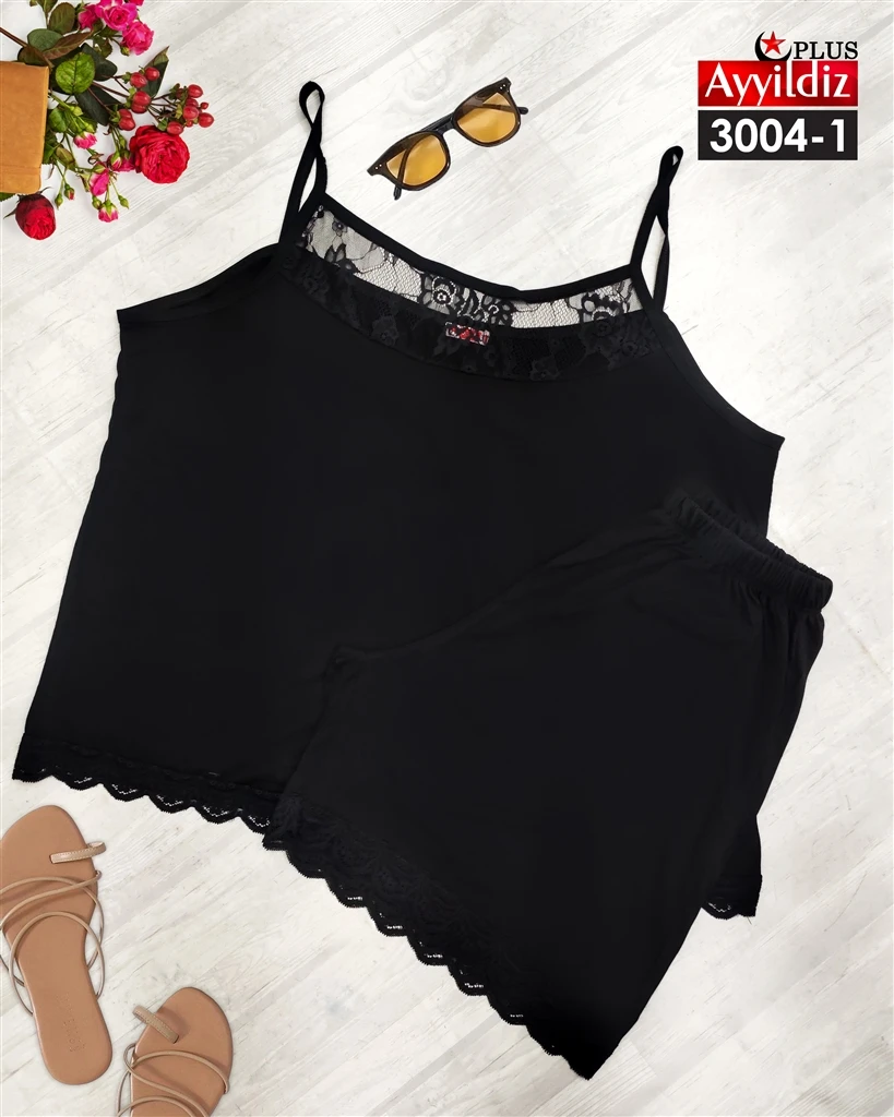 ست تاپ شلوارک سایز بزرگ نخ ویسکوز و گیپور کد 3004