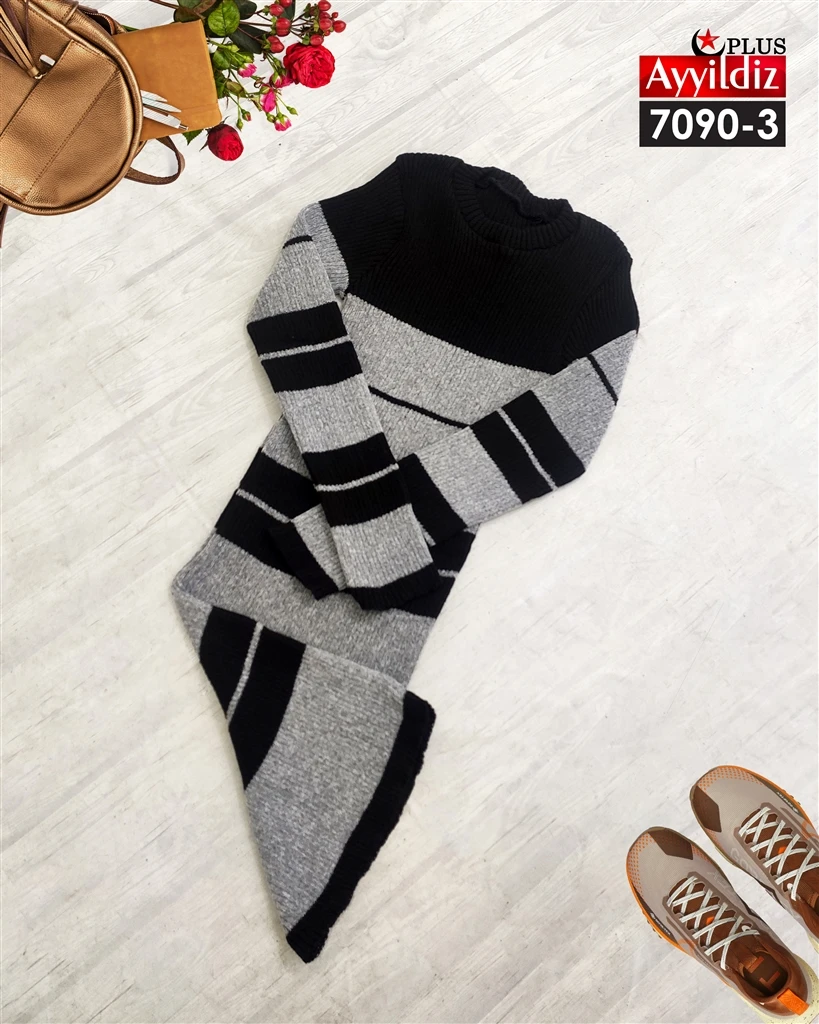 تونیک بافت بلند یقه گرد سایز بزرگ زنانه کد 7090