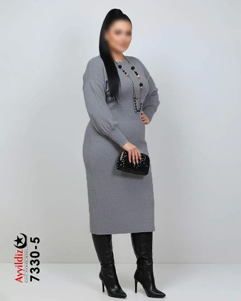 پیراهن بافت زنانه سایز بزرگ کمر گنی کد 7330