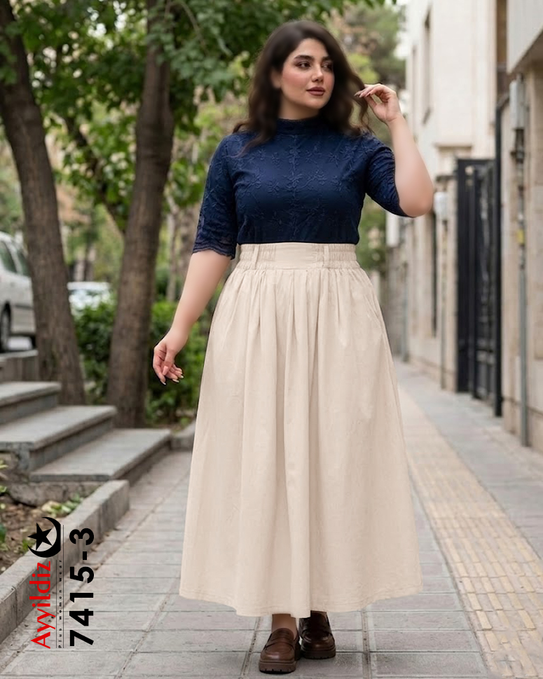 دامن لینن کمر پهن سایز بزرگ زنانه کد 7415
