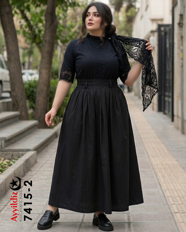 دامن لینن کمر پهن سایز بزرگ زنانه کد 7415