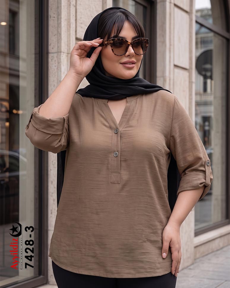 شومیز اسلپ نخی سایز بزرگ زنانه کد 7428